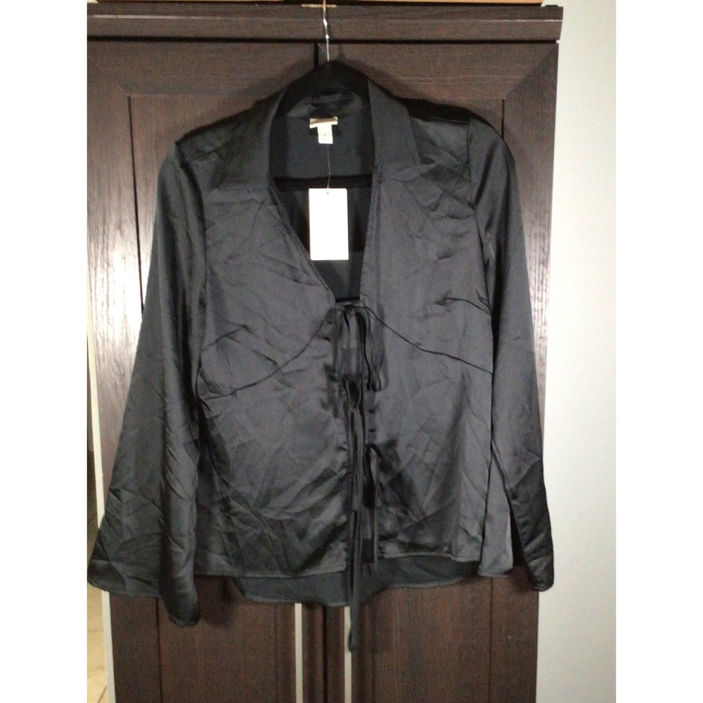 A New Day Women Black Satin Tie Front Blouse Long Sleeve Top Minimalist Chic